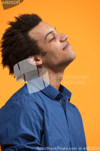 Image of The happy business man standing and smiling against orange background.
