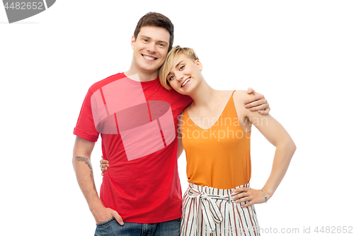 Image of happy couple hugging over white background