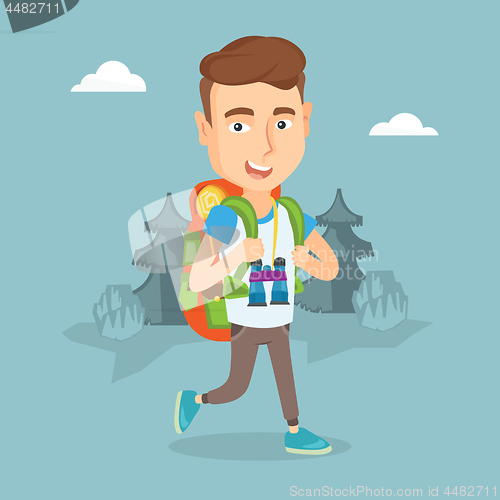 Image of Man with backpack hiking vector illustration.