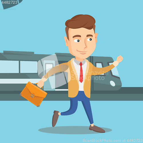 Image of Businessman at train station vector illustration.