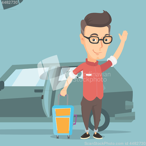 Image of Caucasian man traveling by car vector illustration