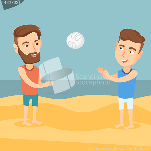 Image of Two men playing beach volleyball.