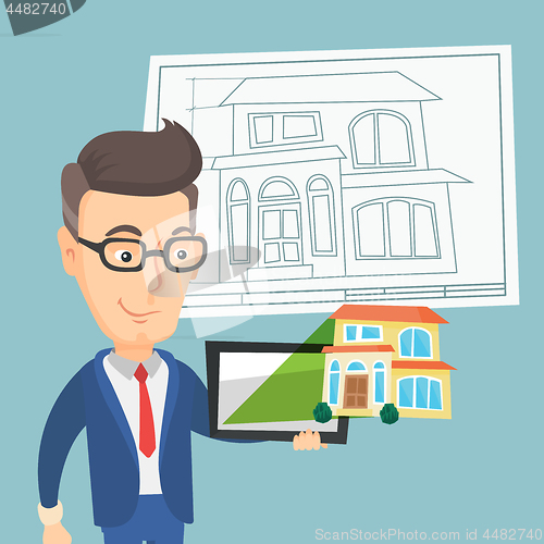 Image of Man showing a house photo on a tablet computer.