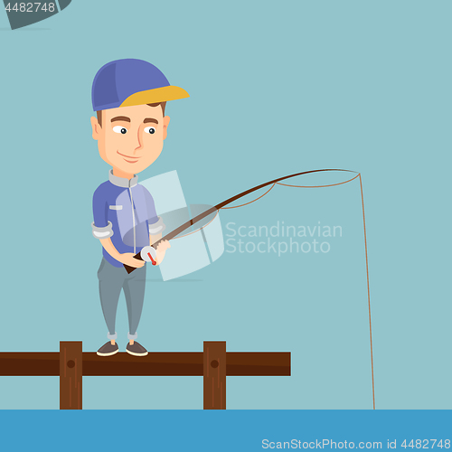 Image of Man fishing on jetty vector illustration.