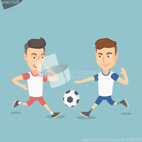 Image of Two male soccer players fighting for a ball.