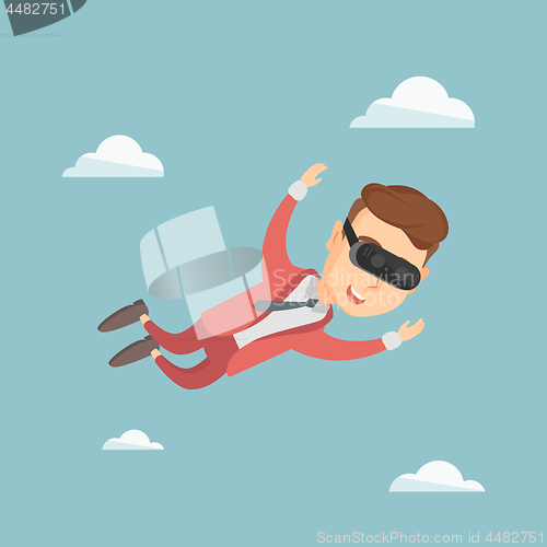 Image of Businessman in vr headset flying in the sky.