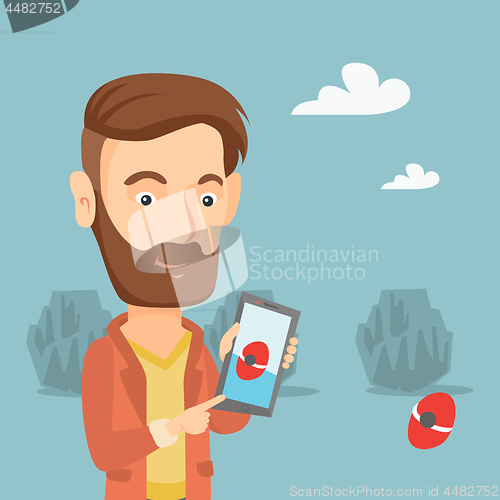 Image of Man playing action game on smartphone.