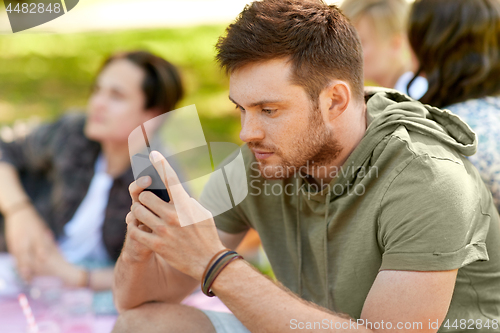 Image of man using smartphone at picnic with friends