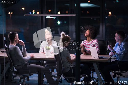 Image of Multiethnic startup business team in night office