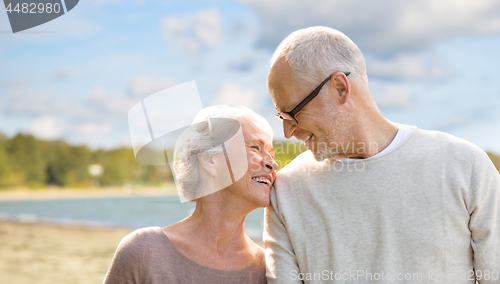 Image of happy senior couple over beach background