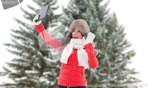 Image of woman with tablet pc over fir trees in winter