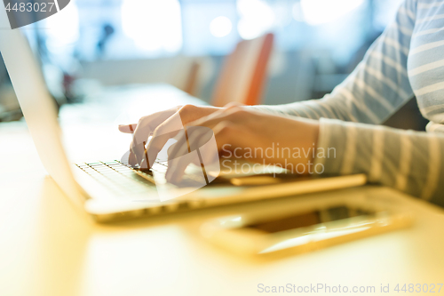 Image of businesswoman using a laptop in startup office