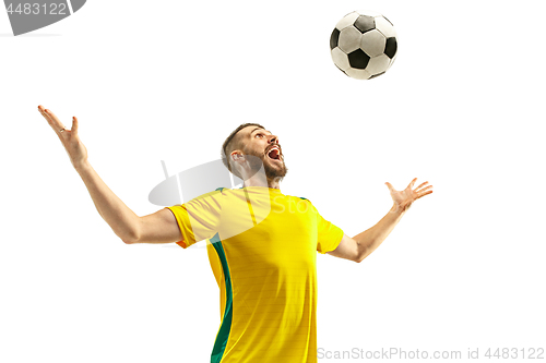 Image of Brazilian fan celebrating on white background