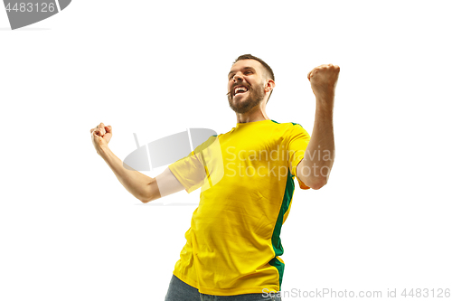 Image of Brazilian fan celebrating on white background