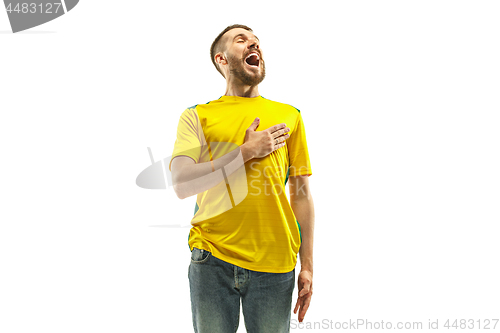 Image of Brazilian fan celebrating on white background