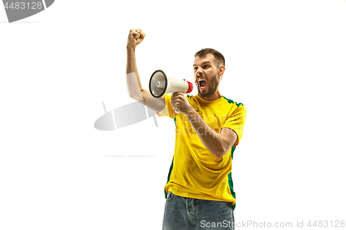Image of Brazilian fan celebrating on white background