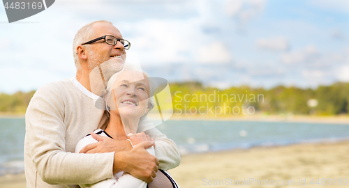 Image of happy senior couple hugging over beach background