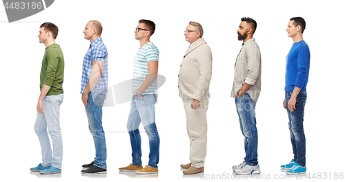 Image of group of diverse men standing in line