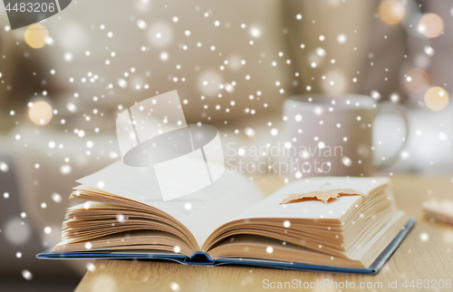 Image of book with autumn leaf on table over snow