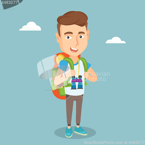 Image of Cheerful traveler with backpack.