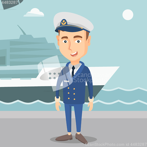 Image of Smiling ship captain in uniform at the port.