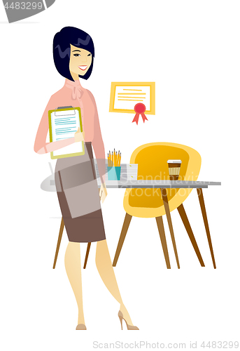 Image of Business woman holding clipboard with documents.