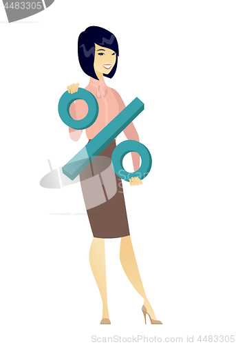 Image of Smiling business woman holding percent sign.