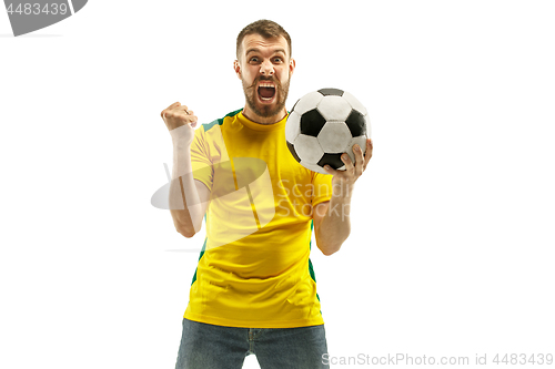 Image of Brazilian fan celebrating on white background