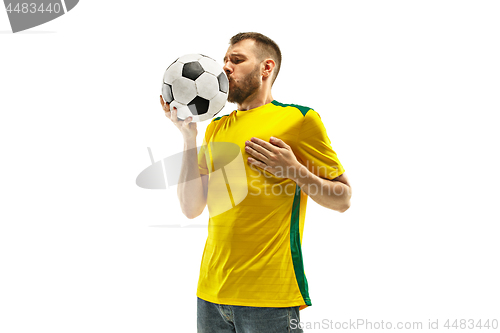 Image of Brazilian fan celebrating on white background