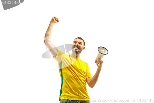 Image of Brazilian fan celebrating on white background