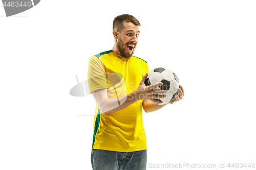 Image of Brazilian fan celebrating on white background