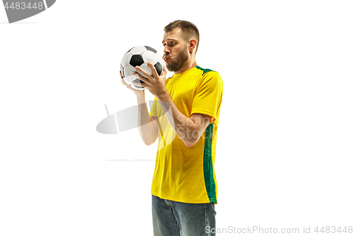 Image of Brazilian fan celebrating on white background