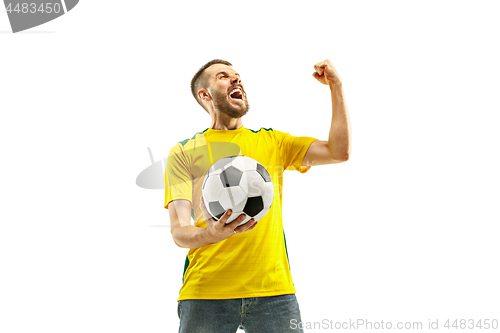 Image of Brazilian fan celebrating on white background