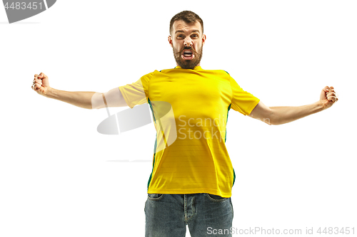 Image of Brazilian fan celebrating on white background