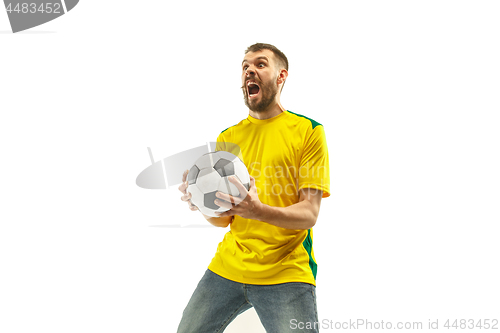 Image of Brazilian fan celebrating on white background