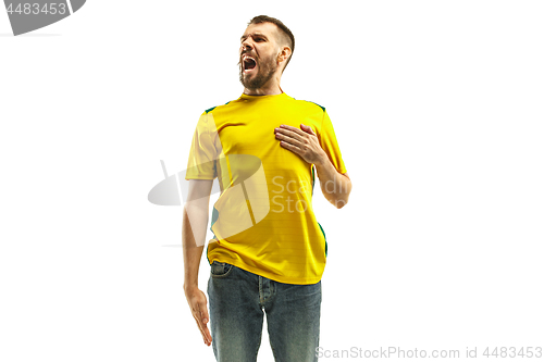 Image of Brazilian fan celebrating on white background