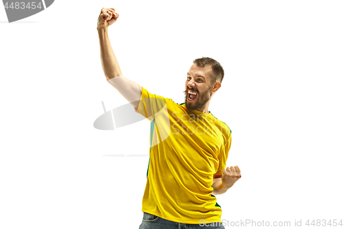 Image of Brazilian fan celebrating on white background