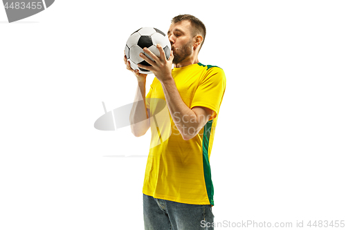 Image of Brazilian fan celebrating on white background