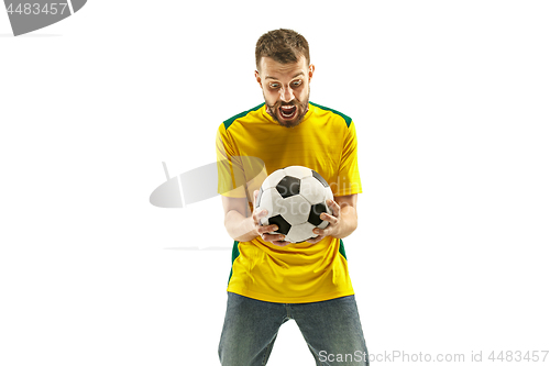 Image of Brazilian fan celebrating on white background