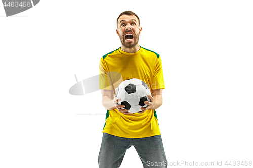 Image of Brazilian fan celebrating on white background