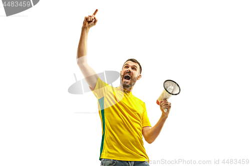 Image of Brazilian fan celebrating on white background