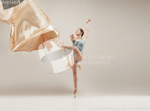 Image of Modern ballet dancer dancing in full body on white studio background.