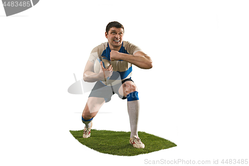 Image of The silhouette of one caucasian rugby man player isolated on white background