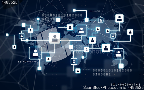 Image of virtual icons of social network over world map