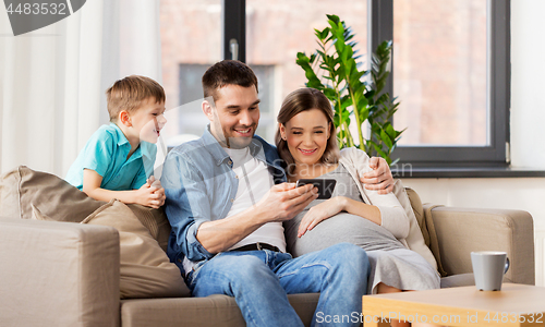 Image of happy family with smartphone at home