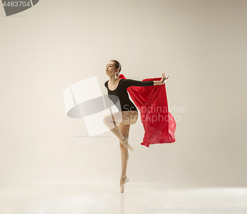 Image of Modern ballet dancer dancing in full body on white studio background.