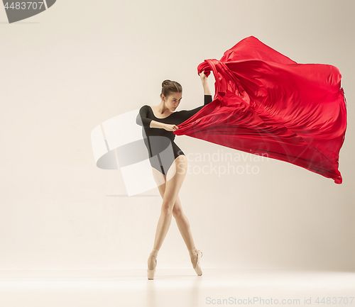 Image of Modern ballet dancer dancing in full body on white studio background.