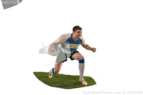 Image of The silhouette of one caucasian rugby man player isolated on white background