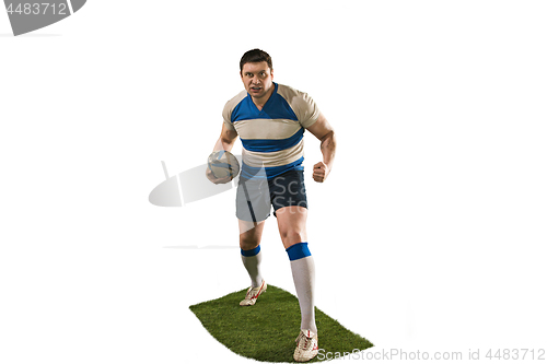 Image of The silhouette of one caucasian rugby man player isolated on white background