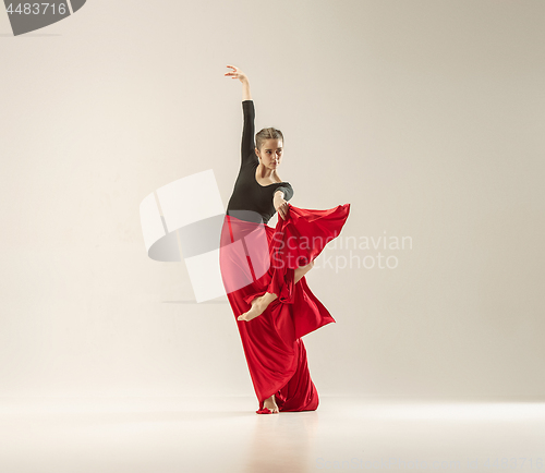 Image of Modern ballet dancer dancing in full body on white studio background.